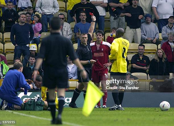 Danny Sonner of Walsall is given the red card by referee Mr C.Penton during the Nationwide Division One game between Watford and Walsall, played at...