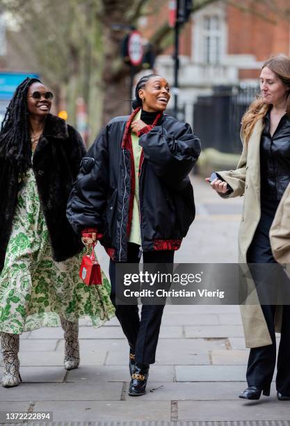 Donna Wallace seen wearing black Prada bomber jacket outside Erdem during London Fashion Week February 2022 on February 21, 2022 in London, England.