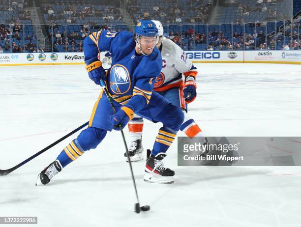 Mark Jankowski of the Buffalo Sabres skates against the New York Islanders during an NHL game on February 15, 2022 at KeyBank Center in Buffalo, New...