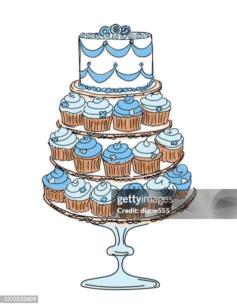 doodled cupcake cake on a transparent background - empty cake stand stock illustrations