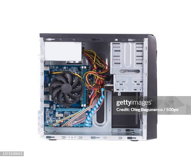 open pc computer case,close-up of computer equipment against white background,moldova - computer tower stock pictures, royalty-free photos & images