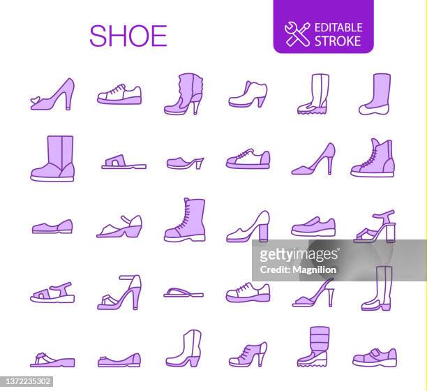 stockillustraties, clipart, cartoons en iconen met shoes icons set editable stroke - paarse schoen