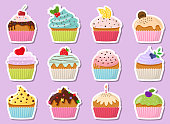 Cupcake with cream and chocolate sticker label set