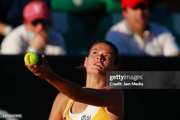 Chloe Paquet of France serves during a match between Rebeka Masarova of Spain and Chloe Paquet of France as part of day 2 of the AKRON WTA Zapopan...