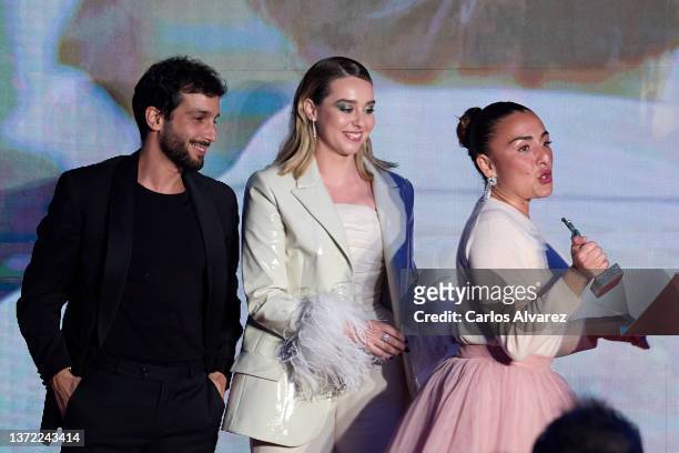 Actors Jonas Berami, Paula Usero and Candela Peña attend the 'MiM Series' awards ceremony at the Puerta de America Hotel on February 22, 2022 in...