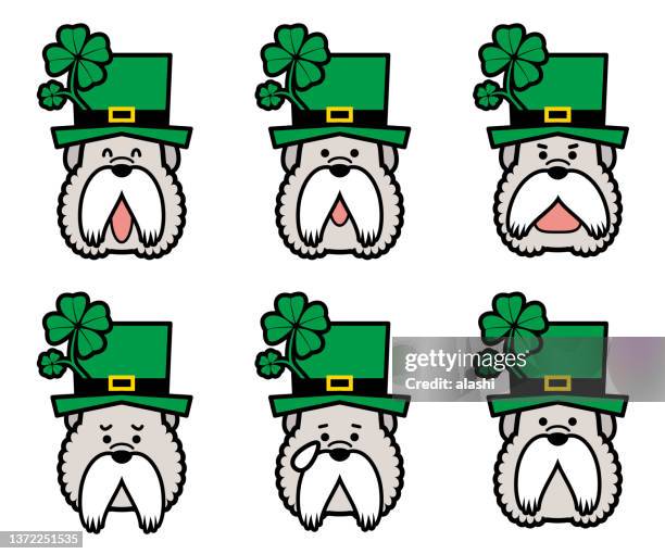 icon-set eines niedlichen hundes im saint patrick's day kostüm mit sechs gesichtsausdrücken - tache sang stock-grafiken, -clipart, -cartoons und -symbole