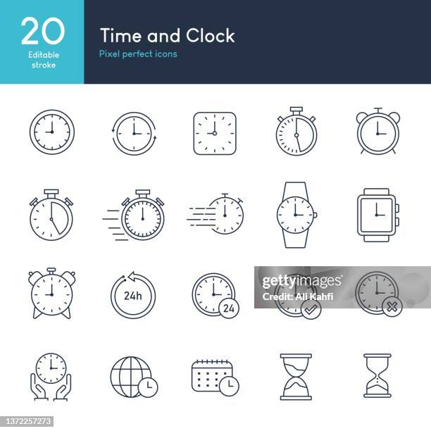 time and clock - set of thin line icon vector - stopwatch stock illustrations