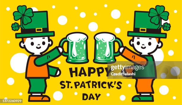 happy st. patrick's day! cute boys in saint patrick's day costumes raise a glass (lemon-lime flavored drink) to each other - fruit juice bottle stock illustrations
