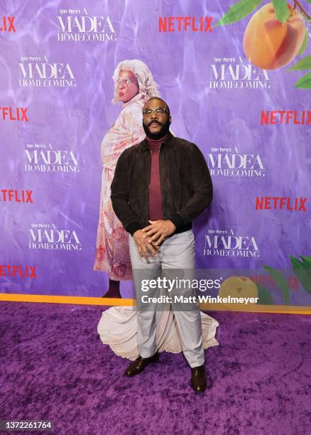 Tyler Perry attends the world premiere of "Tyler Perry's A Madea Homecoming" at Regal LA Live on February 22, 2022 in Los Angeles, California.