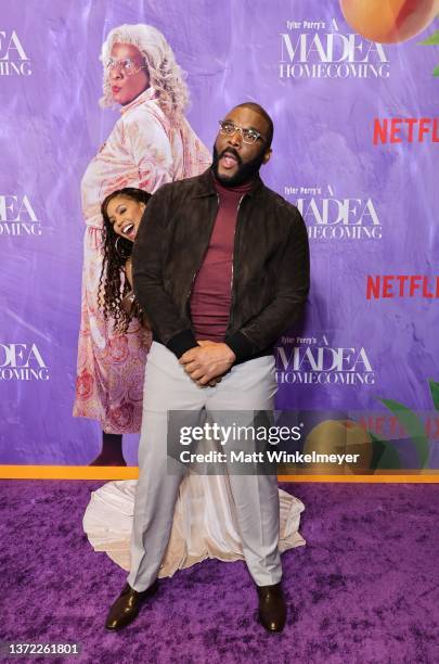 Smith and Tyler Perry attend the world premiere of "Tyler Perry's A Madea Homecoming" at Regal LA Live on February 22, 2022 in Los Angeles,...