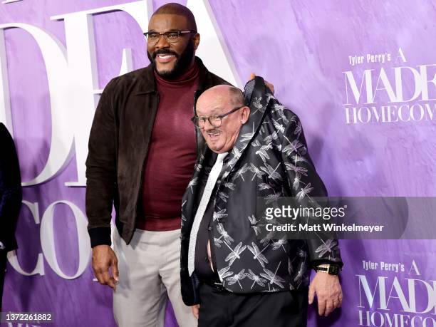Tyler Perry and Brendan O'Carroll attend the world premiere of "Tyler Perry's A Madea Homecoming" at Regal LA Live on February 22, 2022 in Los...