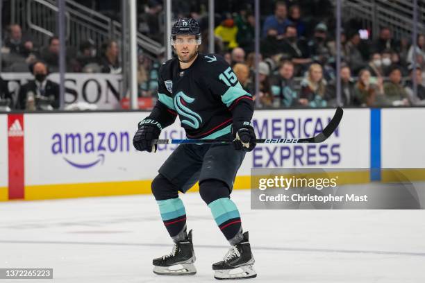 Riley Sheahan of the Seattle Kraken looks on during the first period of a game between the New York Islanders and the Seattle Kraken at Climate...