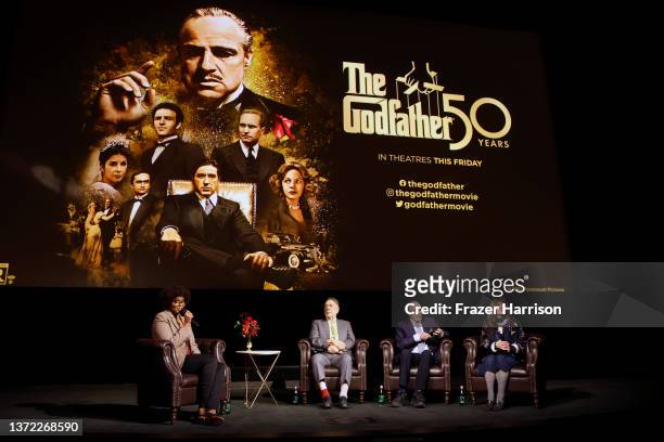 Jacqueline Coley, Francis Ford Coppola, James Caan and Talia Shire speak onstage during the 50th Anniversary celebration of "Godfather" at Paramount...