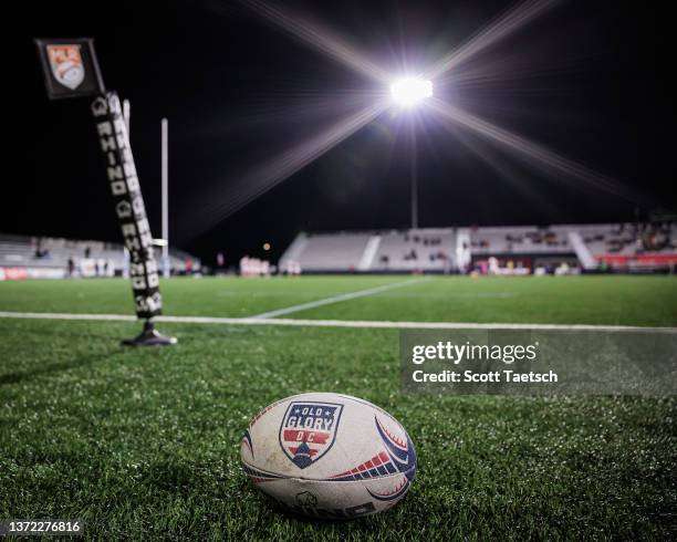 General view of a game ball used during the match between the Old Glory DC and the New England Free Jacks at Segra Field on February 18, 2022 in...