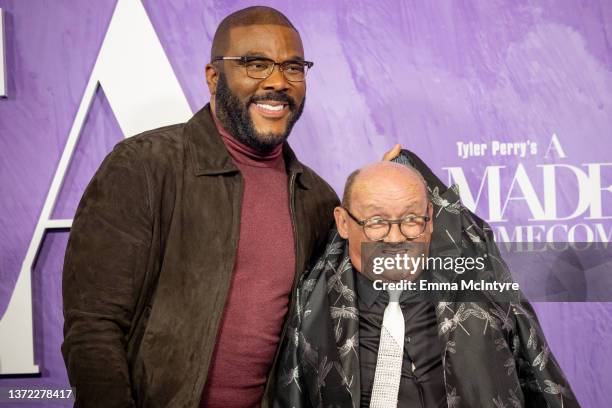 Tyler Perry and Brendan O'Carroll attend the world premiere of Tyler Perry's 'A Madea Homecoming' at Regal LA Live on February 22, 2022 in Los...