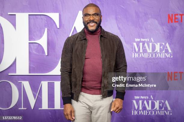 Tyler Perry attends the world premiere of Tyler Perry's 'A Madea Homecoming' at Regal LA Live on February 22, 2022 in Los Angeles, California.