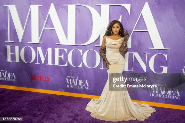 Smith attends the world premiere of Tyler Perry's 'A Madea Homecoming' at Regal LA Live on February 22, 2022 in Los Angeles, California.