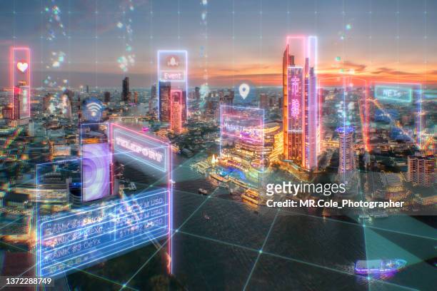 metaverse concept in the real city,  futuristic digital design for smart city and technology in the future - advertisement stock-fotos und bilder