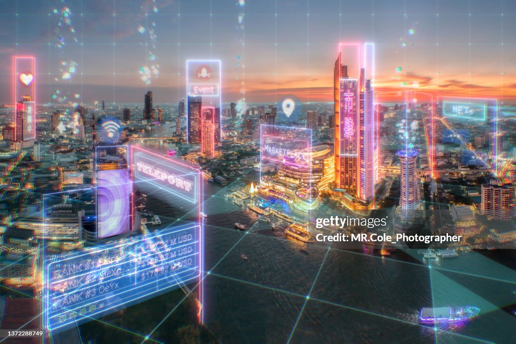 Metaverse Concept in the real city, Futuristic digital design for Smart city and technology in the future