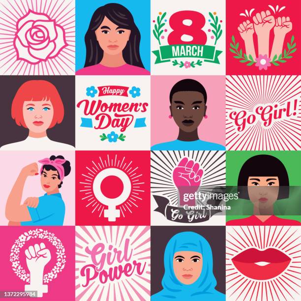 illustrazioni stock, clip art, cartoni animati e icone di tendenza di set di icone quadrate per la festa della donna - girl power