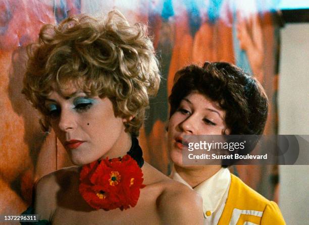 German actress Margit Carstensen and German actress Eva Mattes on the set of the film “Les larmes amères de Petra von Kant” directed by Rainer Werner...