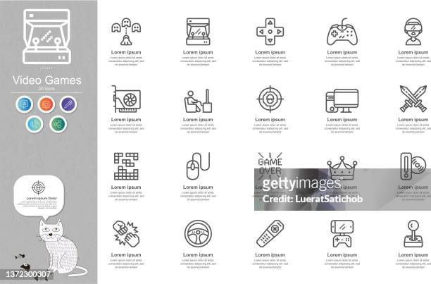 videospiele line icons content infografik - computerspieler stock-grafiken, -clipart, -cartoons und -symbole