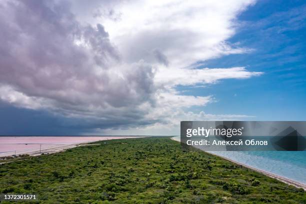 coastline between ocean and pink salt lake. rio lagartos, yucatan, mexico - yucatan peninsula - fotografias e filmes do acervo