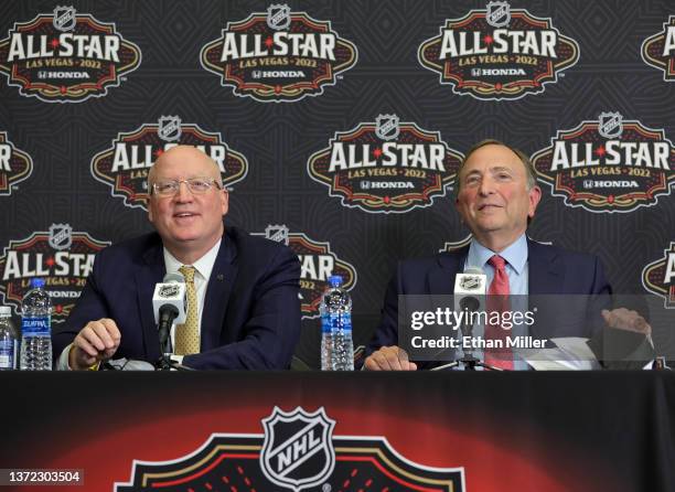 Deputy Commissioner Bill Daly and NHL Commissioner Gary Bettman attend a news conference during NHL All-Star media day at T-Mobile Arena on February...