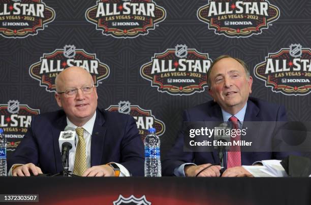 Deputy Commissioner Bill Daly and NHL Commissioner Gary Bettman attend a news conference during NHL All-Star media day at T-Mobile Arena on February...