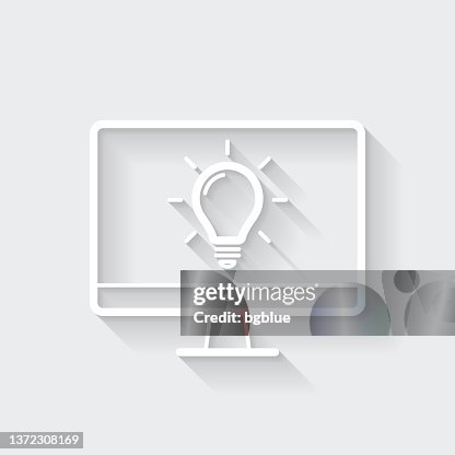 Desktop computer with light bulb. Icon with long shadow on blank background - Flat Design Desktop computer with light bulb. Icon with long shadow on blank background - Flat Design