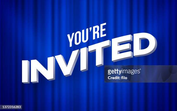 stockillustraties, clipart, cartoons en iconen met you're invited event blue stage curtain background message - première