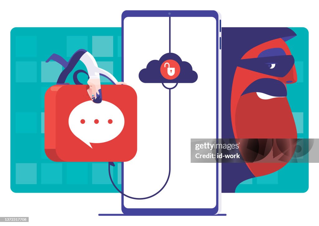 Man hiding head in message icon with hacker hiding behind smartphone