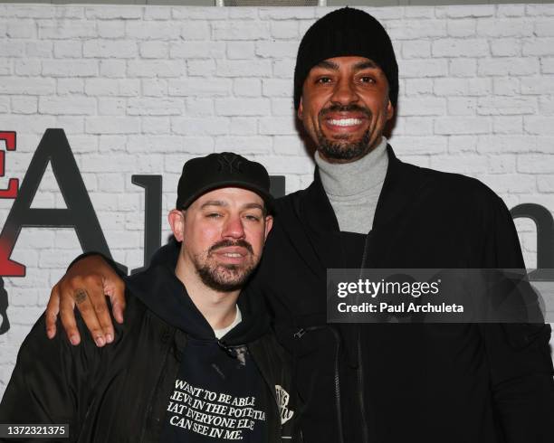 Mike Tableman and Jared Jeffries attend a conversation and launch for "The Alchemy" hosted by Founder/CEO Of "A Mind's Pursuit" Mike at Skybar on...