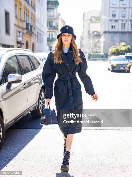 Josephine Skriver is seen during the Milan Fashion Week Fall/Winter 2022/2023 on February 23, 2022 in Milan, Italy.