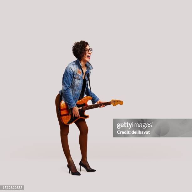 let's rock. rock star with electric guitar shouting - guitar isolated stock pictures, royalty-free photos & images
