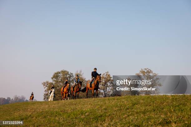 group of horse riders on rural landscape - horse riding group stock pictures, royalty-free photos & images