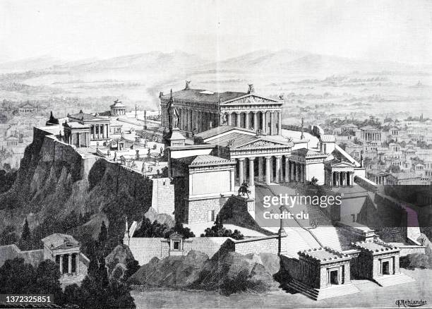 acropolis reconstruction - ancient greece stock illustrations