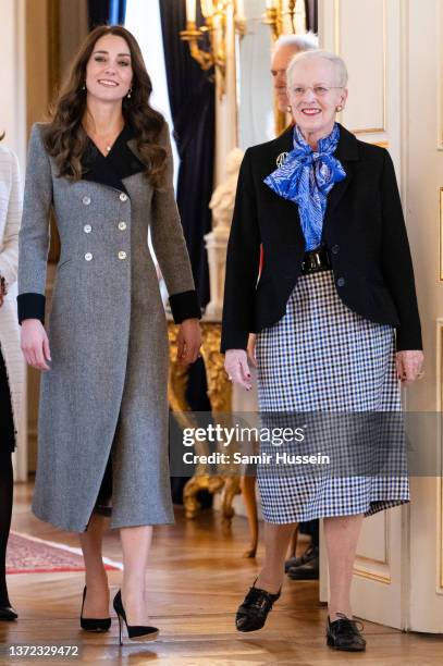 Catherine, Duchess of Cambridge and Queen Margrethe of Denmark visit Christian IX's Palace on February 23, 2022 in Copenhagen, Denmark.