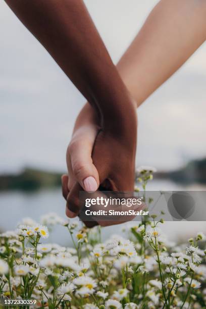 mujeres de diferentes colores raciales tomadas de la mano - couple holding hands fotografías e imágenes de stock