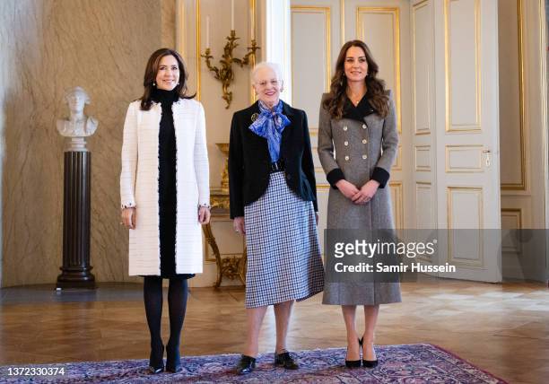 Crown Princess Mary of Denmark, Catherine, Duchess of Cambridge and Queen Margrethe of Denmark visit Christian IX's Palace on February 23, 2022 in...