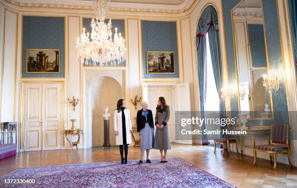 Crown Princess Mary of Denmark, Catherine, Duchess of Cambridge and Queen Margrethe of Denmark visit Christian IX's Palace on February 23, 2022 in...