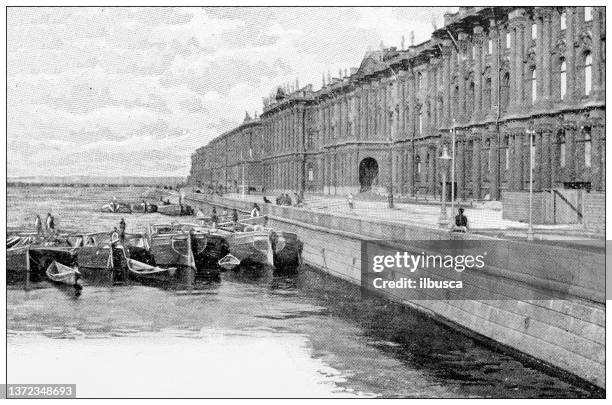 antique travel photographs of st. petersburg: winter palace quay - winter palace st petersburg stock illustrations