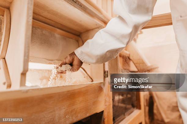 man checking flour inside wooden grinding machine - malen stockfoto's en -beelden