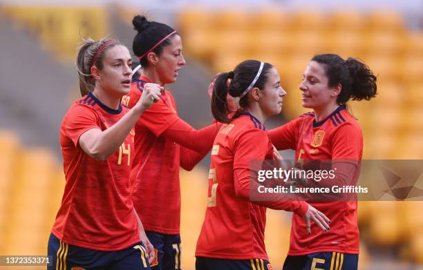 Alexia Putellas of Spain celebrates after scoring their side's first goal during the Arnold Clark Cup match between Spain and Canada at Molineux on...