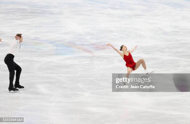 Aleksandra Boikova - falling on ice - and Dmitrii Kozlovskii of Russia skate during the Pair Skating Free Skating on day fifteen of the Beijing 2022...