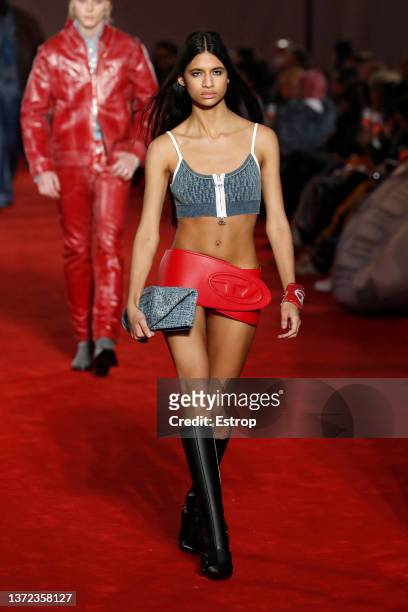 Model walks the runway at the Diesel fashion show during the Milan Fashion Week Fall/Winter 2022/2023 on February 23, 2022 in Milan, Italy.