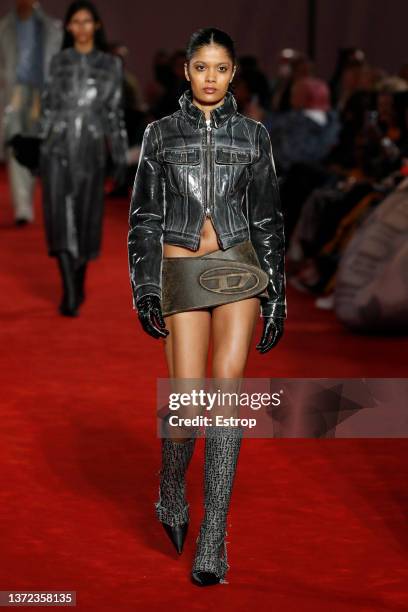 Model walks the runway at the Diesel fashion show during the Milan Fashion Week Fall/Winter 2022/2023 on February 23, 2022 in Milan, Italy.