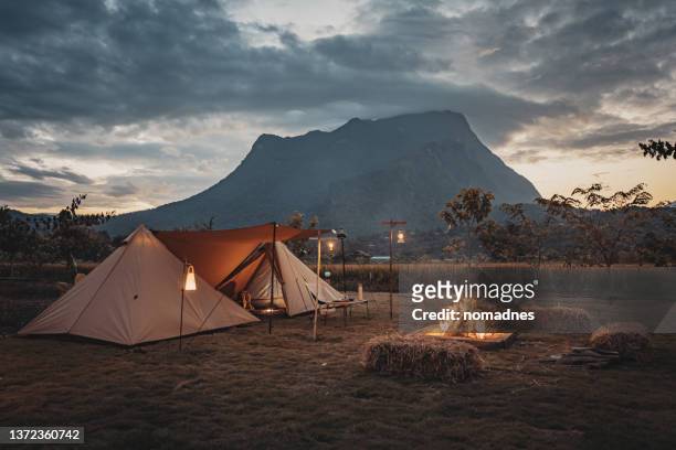 outdoor camping activities, camping in groups or groups of friends. - picnic table stock pictures, royalty-free photos & images