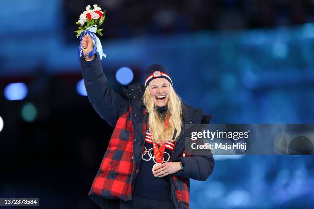 Cross-Country Skiing Women's 30Km Mass Start Free Silver medallist Jessie Diggins of Team United States celebrates during the Beijing 2022 Winter...