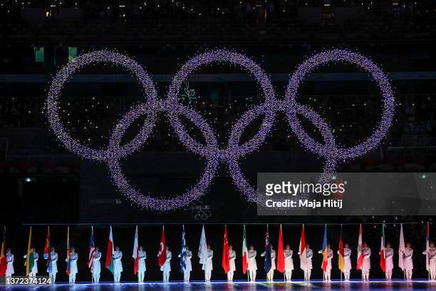 General view of the Olympic Cauldron during the Beijing 2022 Winter Olympics Closing Ceremony on Day 16 of the Beijing 2022 Winter Olympics at...
